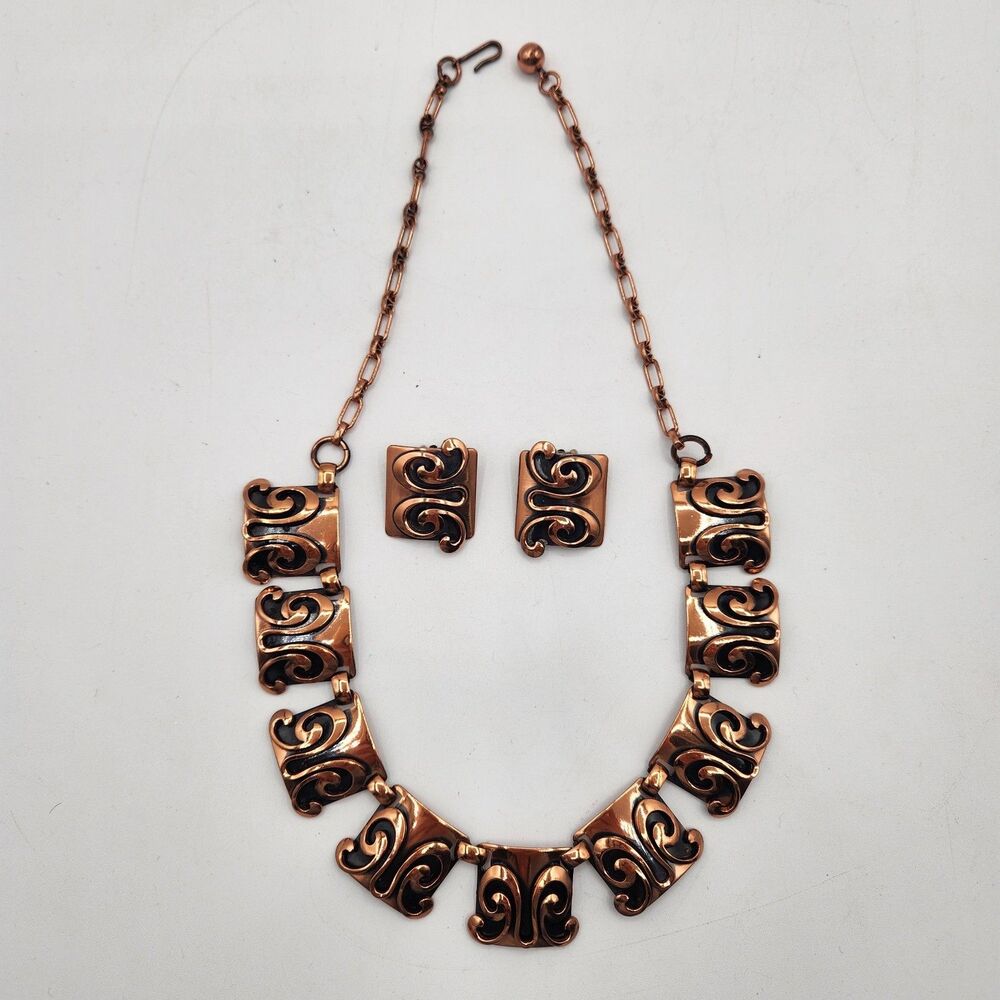 Vintage Genuine Copper Choker Necklace & Clip On Earrings Jewelry Set Butterfly